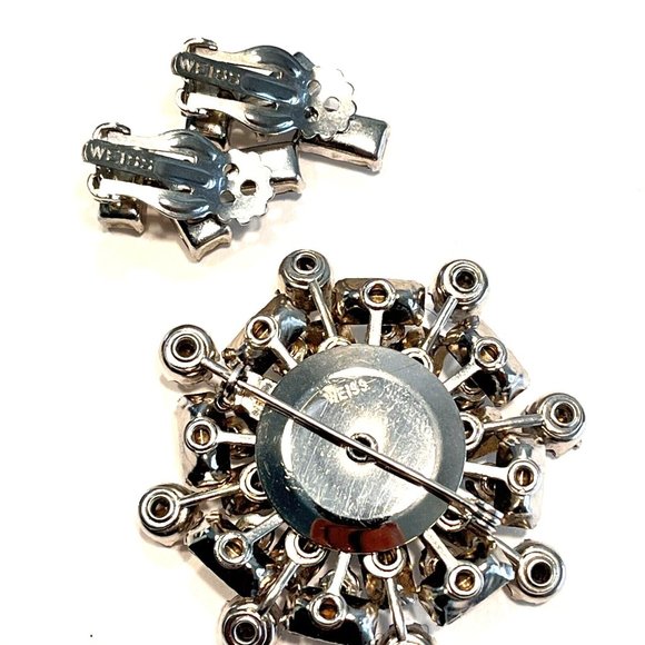 Vintage WEISS Emerald Cut Rhinestone Silver Tone Brooch and Clip-on Earrings Set - Picture 7 of 9